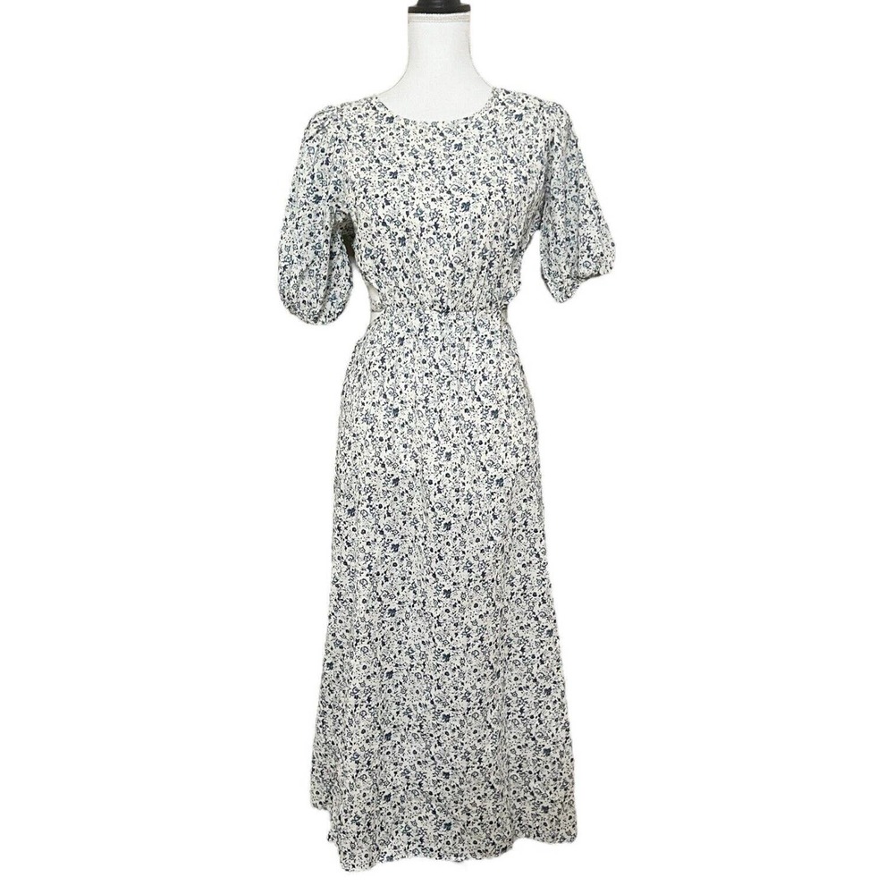 LUSH Floral blue Skyline Midi Dress Sz M Short Puff Slv Cutout Back Tie Waist